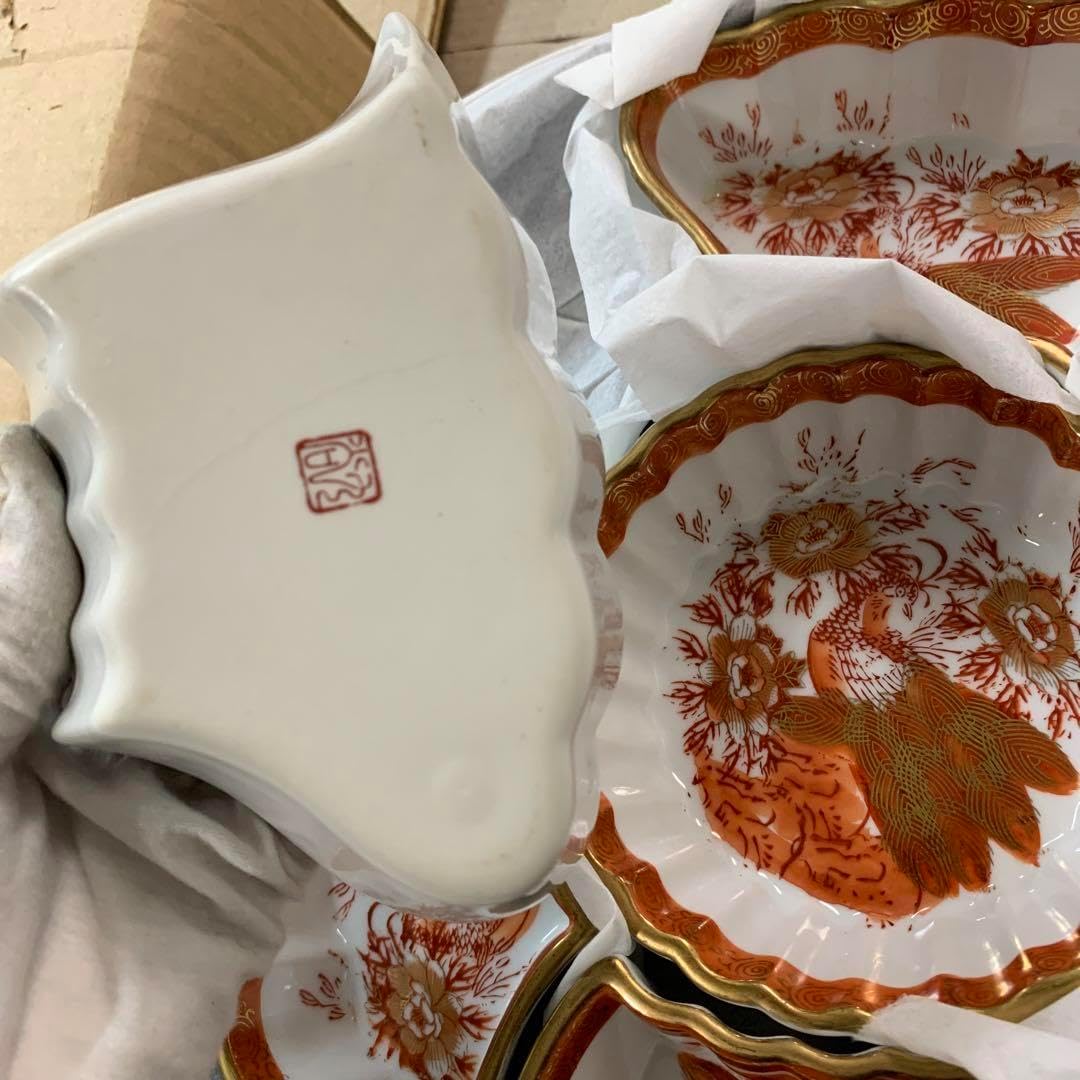 九谷焼 光崖 金彩(金蘭手)赤絵(色絵)花孔雀文 オードブル皿 小鉢 珍味入